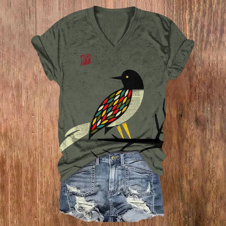 Oriental Art Colorful Magpie Pattern Print Short Sleeved V-Neck T-Shirt - Green - US32-34(5XL) - image 1