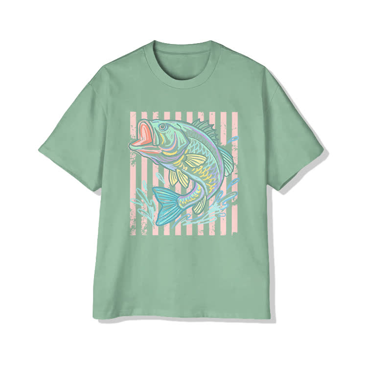 Unisex Vintage Bass Fish Pattern Cotton Print T-Shirt - Light Green - US20-22(3XL) - image 1