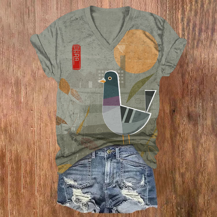 Japanese Geometric Pigeon Pattern Print Short Sleeved V-Neck T-Shirt - Warm Grey - US32-34(5XL) - image 1