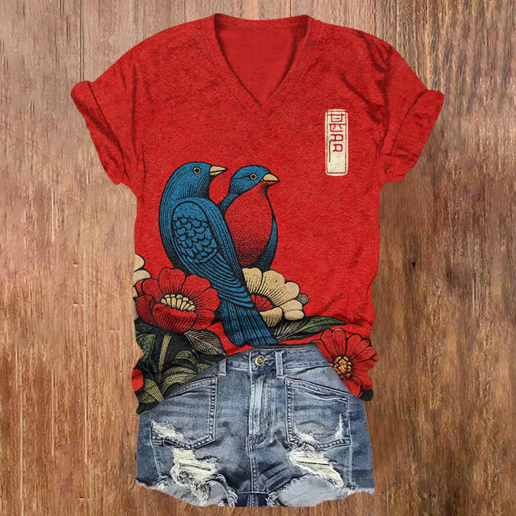 Japanese Vintage Two Birds Pattern Print Short Sleeved V-Neck T-Shirt - Red - US32-34(5XL) - image 1
