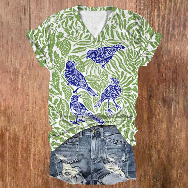 Japanese Vintage Woodcut Birds Pattern Print Short Sleeved V-Neck T-Shirt - Green - US32-34(5XL) - image 1