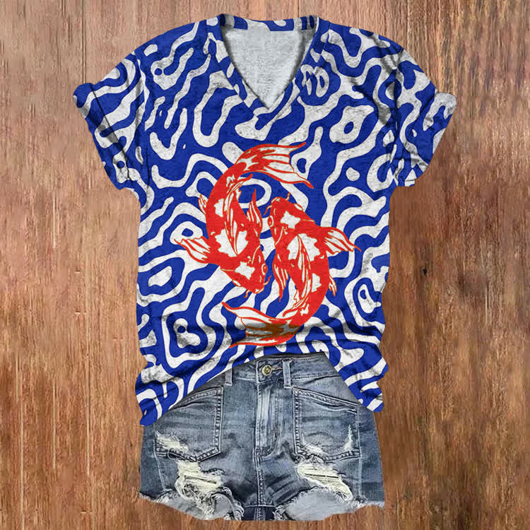 Japanese Vintage Woodcut Two Fish Pattern Print Short Sleeved V-Neck T-Shirt - Red - US32-34(5XL) - image 1