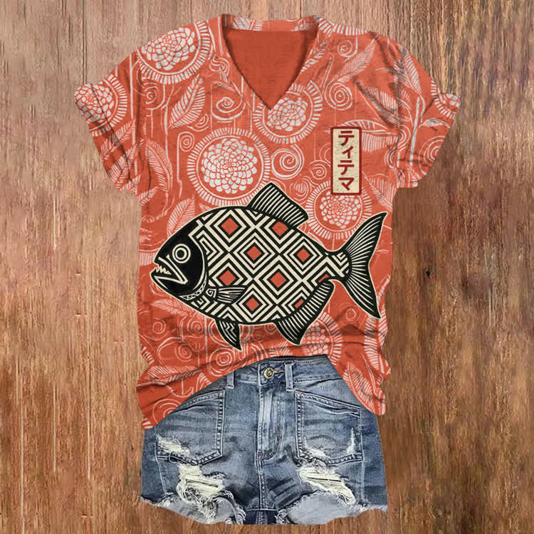 Japanese Vintage Geometric Woodcut Fish Pattern Print Short Sleeved V-Neck T-Shirt - Red - US32-34(5XL) - image 1