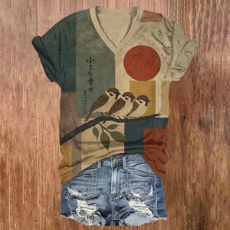 Japanese Vintage Little Bird Friends Pattern Print Short Sleeved V-Neck T-Shirt - Khaki - US32-34(5XL) - image 1
