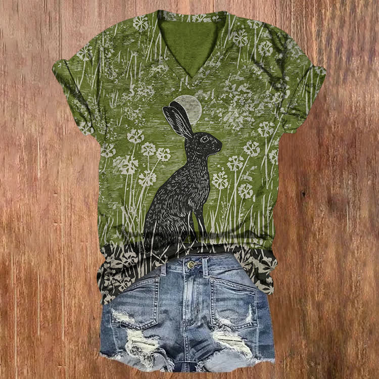 Vintage Wood-Carved Rabbit Pattern Print Short Sleeved V-Neck T-Shirt - Green - US32-34(5XL) - image 1