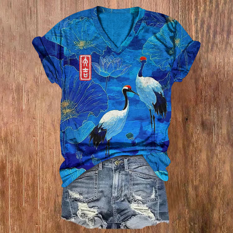 Japanese Vintage Lotus Pond Cranes Pattern Print Short Sleeved V-Neck T-Shirt - Blue - US32-34(5XL) - image 1