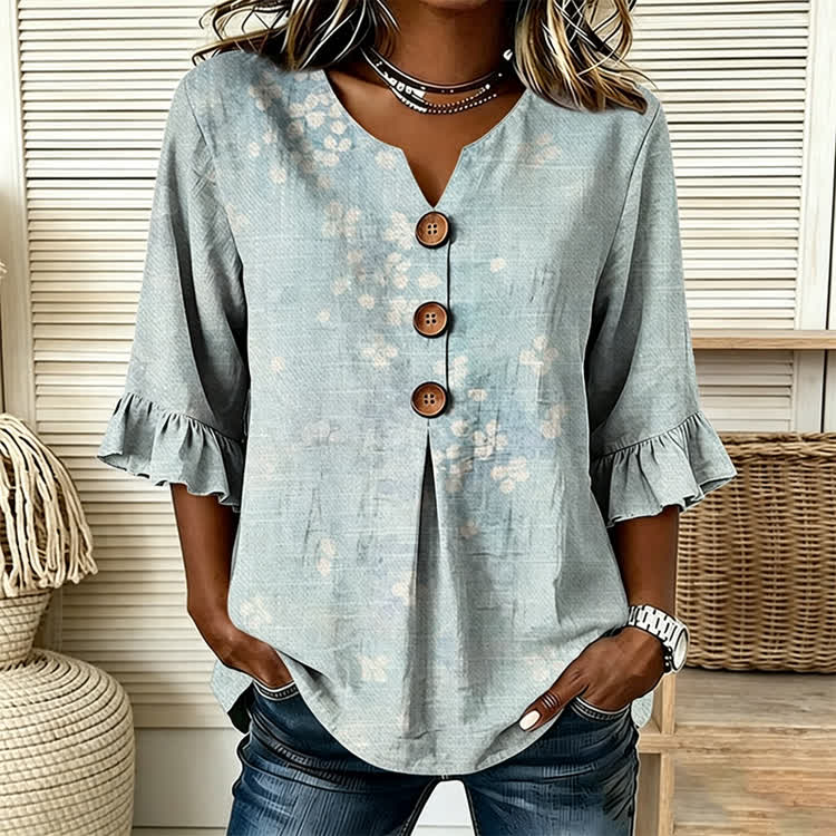 Watercolor Cherry Blossoms Fall  Texture Pattern Print Button V-Neck Blouse With Ruffle Sleeves - image 1