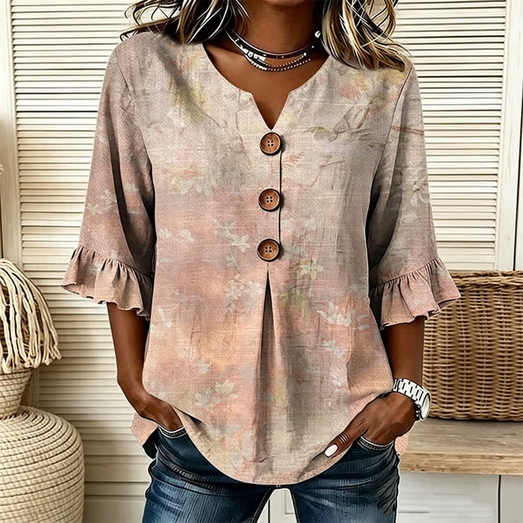 Garden Dream Gradient Texture Pattern Print Button V-Neck Blouse With Ruffle Sleeves - image 1