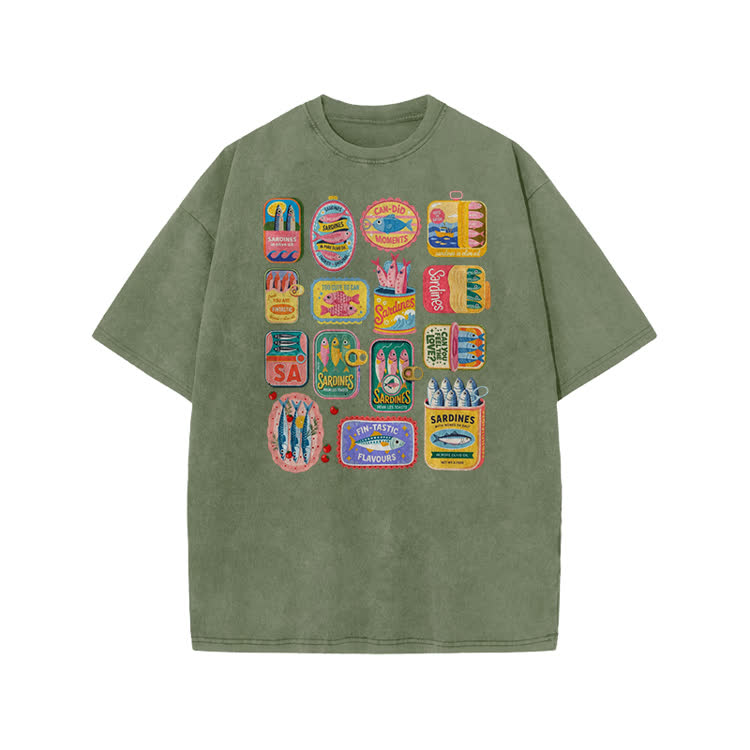 Unisex Vintage Sardine Can Print Acid Washed T-shirt - Army Green - US20-22(3XL) - image 1