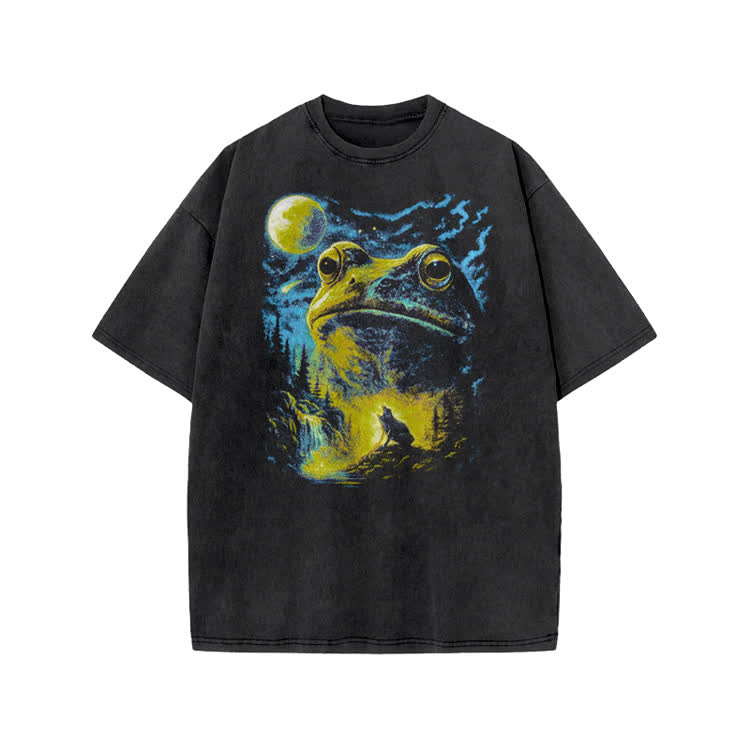 Unisex Vintage Frog Howling To The Moon Print Acid Washed T-shirt - Black - US20-22(3XL) - image 1