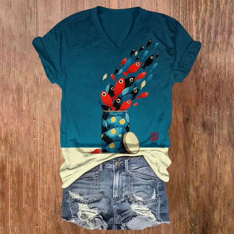 Creative Can Swimming Fish Red Seal Pattern Print Short Sleeved V-Neck T-Shirt - Blue - US32-34(5XL) - image 1
