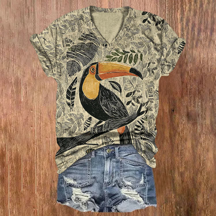 Vintage Print Tropical Toucan Banana Leaf All Over Pattern Print Short Sleeved V-Neck T-Shirt - Apricot - US32-34(5XL) - image 1