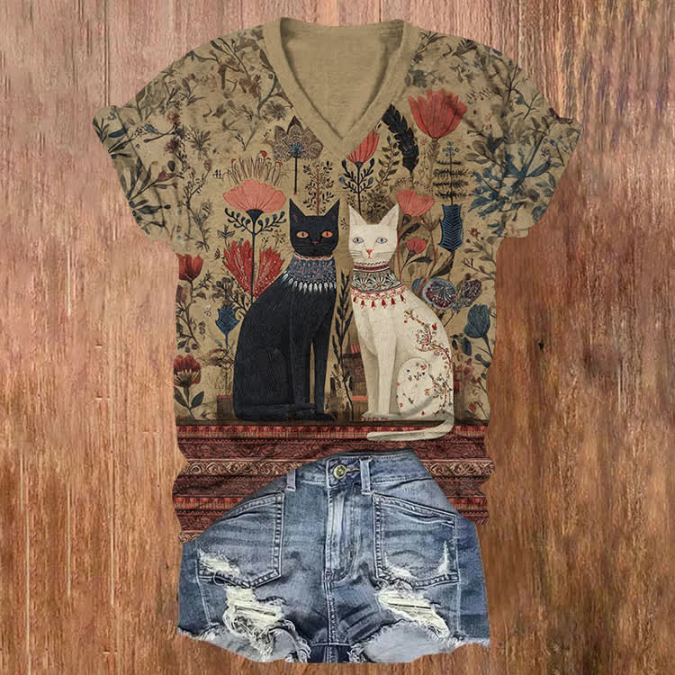 Vintage Floral Black & White Cat Ethnic Collar All Over  Pattern Print Short Sleeved V-Neck T-Shirt - Khaki - US32-34(5XL) - image 1