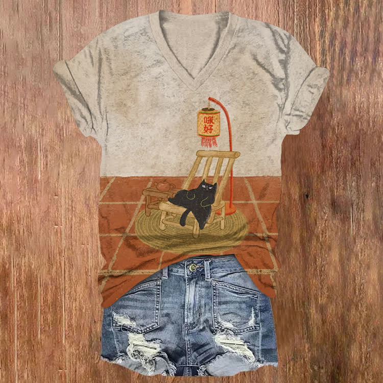 Zen Lazy Black Cat Courtyard  Pattern Print Short Sleeved V-Neck T-Shirt - Orange - US32-34(5XL) - image 1