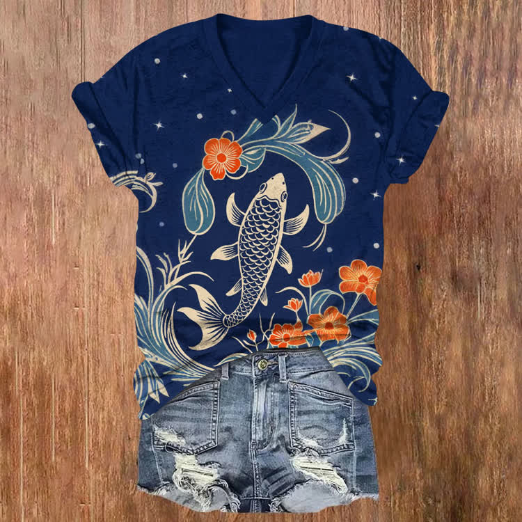 Ukiyo-e Koi Lotus Starry  Pattern Print Short Sleeved V-Neck T-Shirt - Blue - US32-34(5XL) - image 1