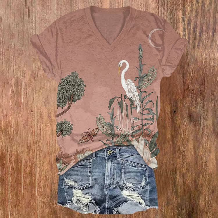 en Moon Night Egret Botanical Pattern Print Short Sleeved V-Neck T-Shirt - Light Pink - US32-34(5XL) - image 1