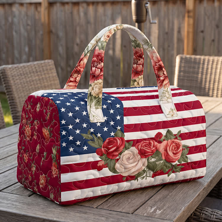 Usa Freedom Vintage Roses Independence Day Pattern Print Quilted Duffle Tote  Bag - White - one size - image 1