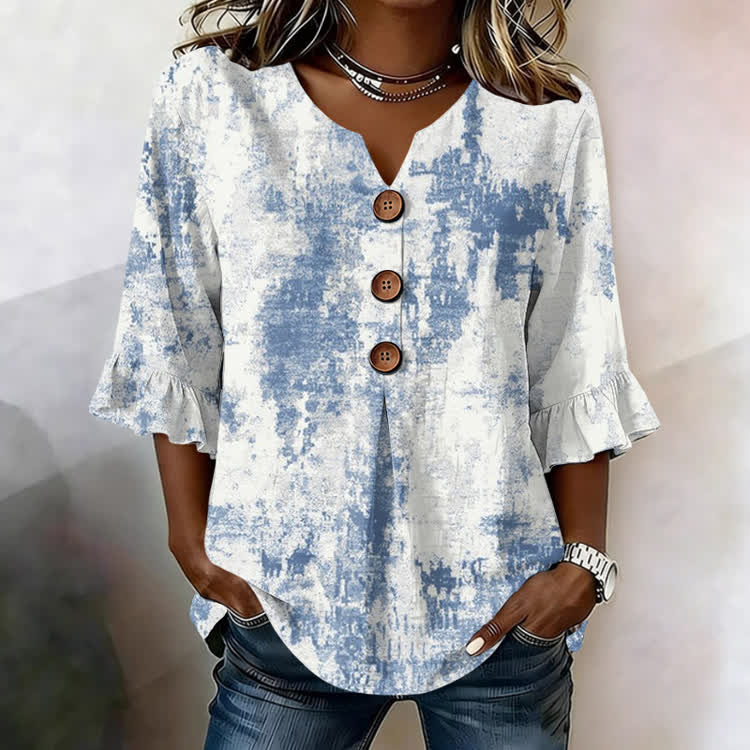 Vintage Blue White Ink Tie-Dye Pattern Print Button V-neck Blouse With Ruffle Sleeves - White - US32-34(5XL) - image 1