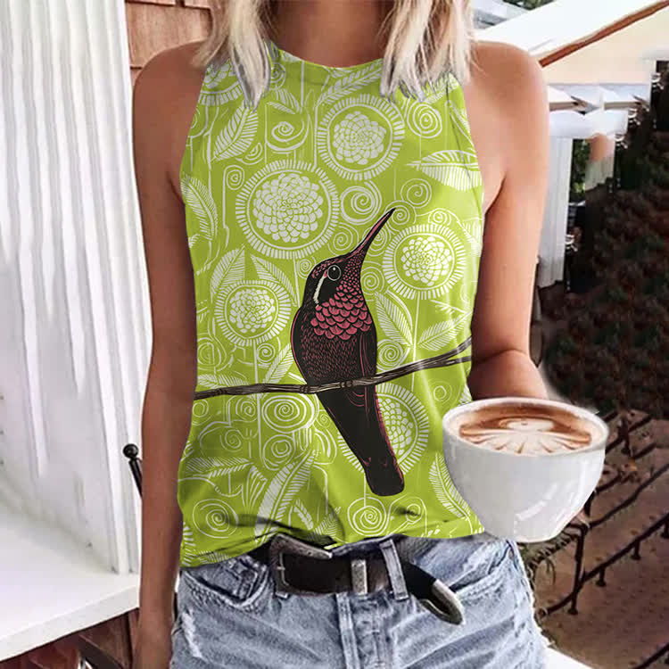 Vintage Geometric Flowers And Birds Pattern Print Crew Neck Tank Top - Green - 5XL - image 5