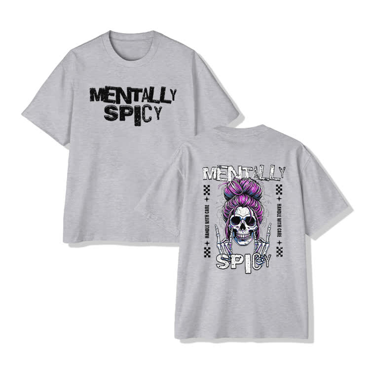 Mentally Spicy Skull Print T-shirt - Grey - US16-18(2XL) - image 2