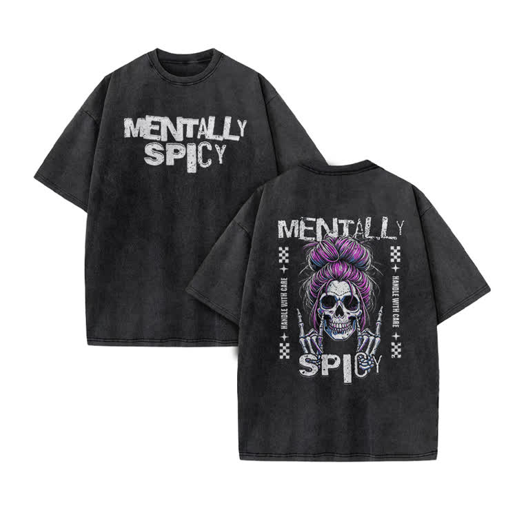 Mentally Spicy Skull Print Acid Washed T-shirt - Black - US20-22(3XL) - image 1