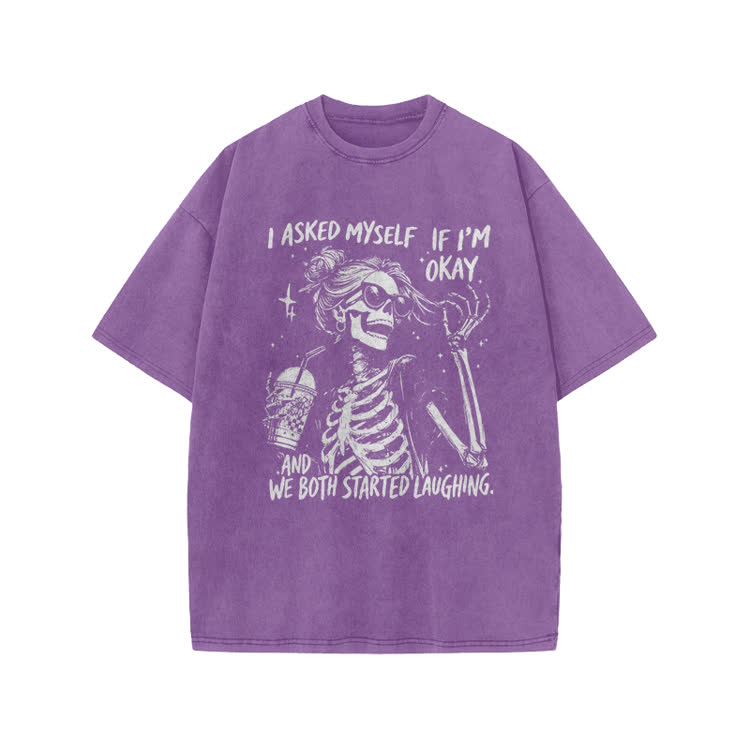 I Asked Myself If I’m Okay Skeleton Print Acid Washed T-shirt - Purple - US20-22(3XL) - image 6