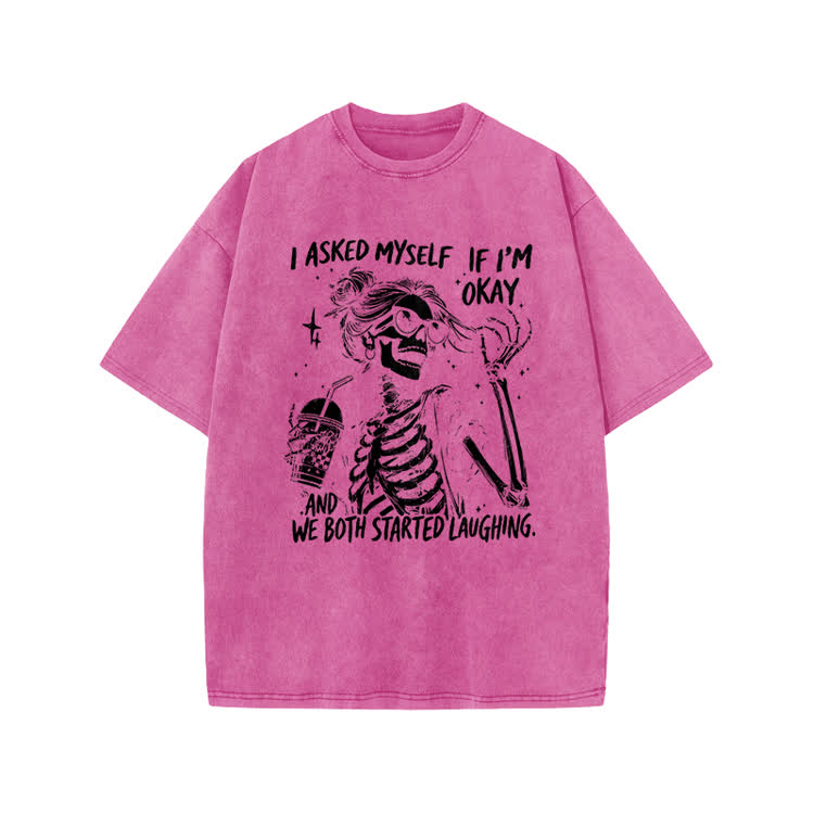 I Asked Myself If I’m Okay Skeleton Print Acid Washed T-shirt - Pink - US20-22(3XL) - image 9