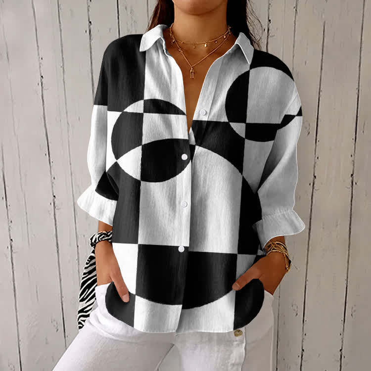 Minimalist Geometric Circles Pattern Print Half-Sleeve Button-Down Shirt - Black - US 26 (6XL) - image 1