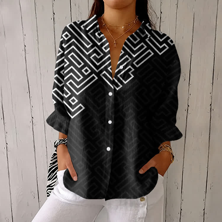 Minimalist Geometric Line Pattern Print Half-Sleeve Button-Down Shirt - Black - US 26 (6XL) - image 1
