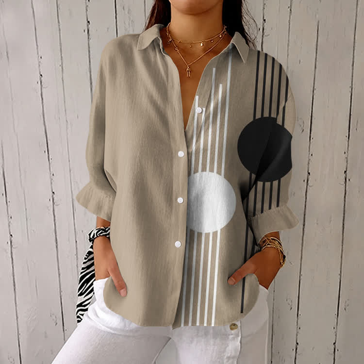 Minimalist Circular Stripes Pattern Print Half-Sleeve Button-Down Shirt - Khaki - US 26 (6XL) - image 1