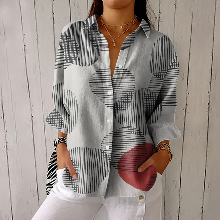 Minimalist Lines And Circles  Pattern Print Half-Sleeve Button-Down Shirt - Grey - US 26 (6XL) - image 1