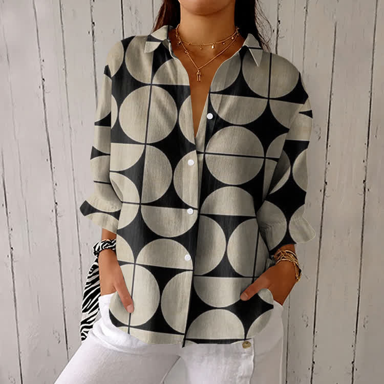 Minimalist Geometric Assembly Pattern Print Half-Sleeve Button-Down Shirt - Apricot - US 26 (6XL) - image 1