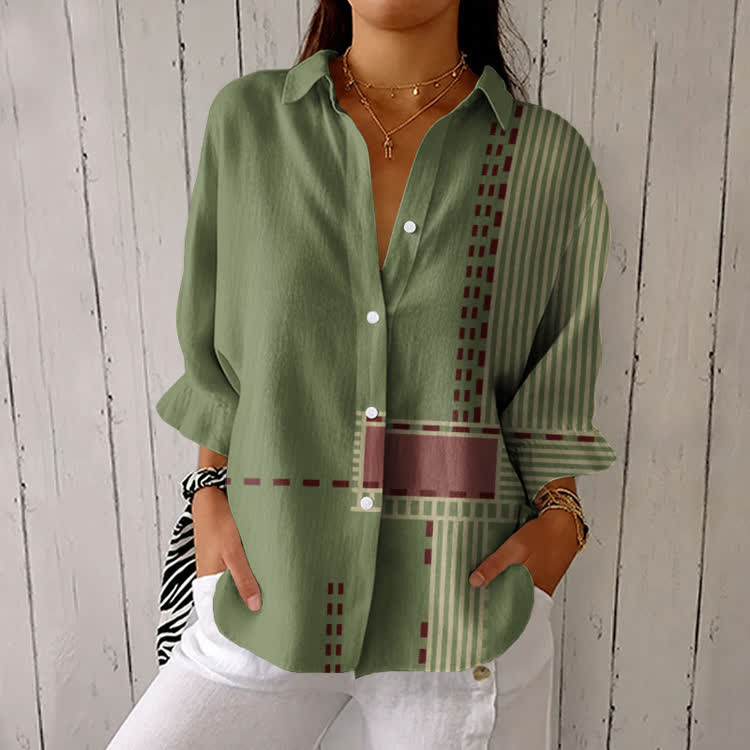 Minimalist Stitched Patch Pattern Print Half-Sleeve Button-Down Shirt - Green - US 26 (6XL) - image 1