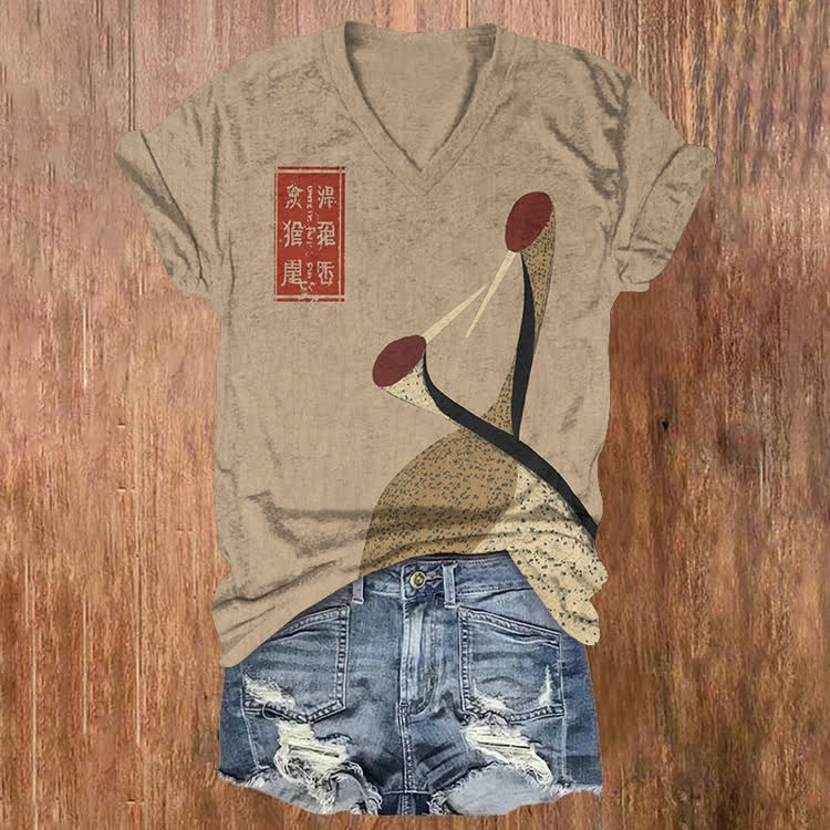 Vintage Japanese Two Red-Crowned Cranes Pattern Print Short Sleeved V-Neck T-Shirt - Apricot - US32-34(5XL) - image 5