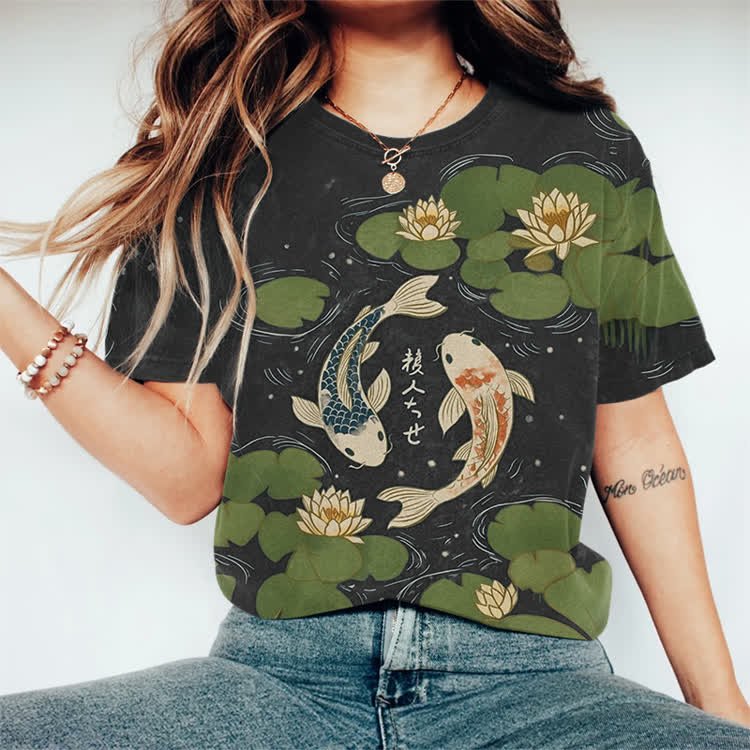 Japanese Koi In The Lotus Pond Pattern Print Round Neck T-shirt - Black - 3XL - image 2