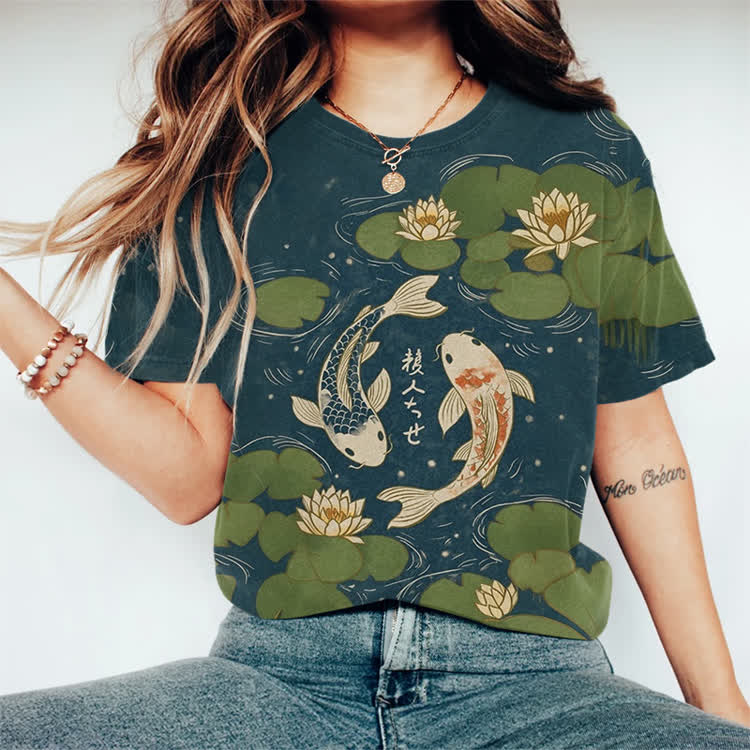 Japanese Koi In The Lotus Pond Pattern Print Round Neck T-shirt - Navy Blue - 3XL - image 3