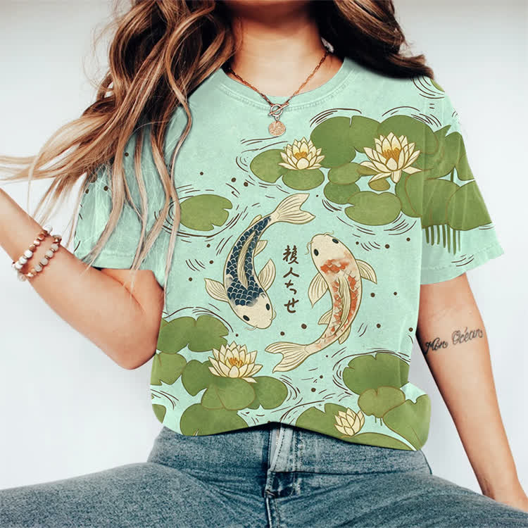 Japanese Koi In The Lotus Pond Pattern Print Round Neck T-shirt - Mint - 3XL - image 5