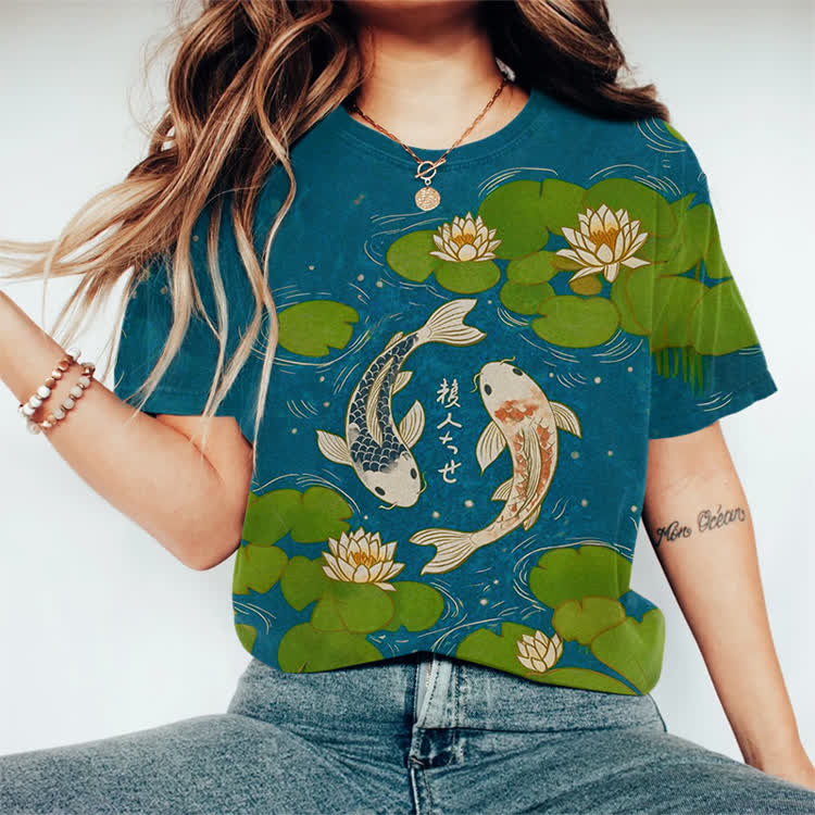 Japanese Koi In The Lotus Pond Pattern Print Round Neck T-shirt - Blue - 3XL - image 1
