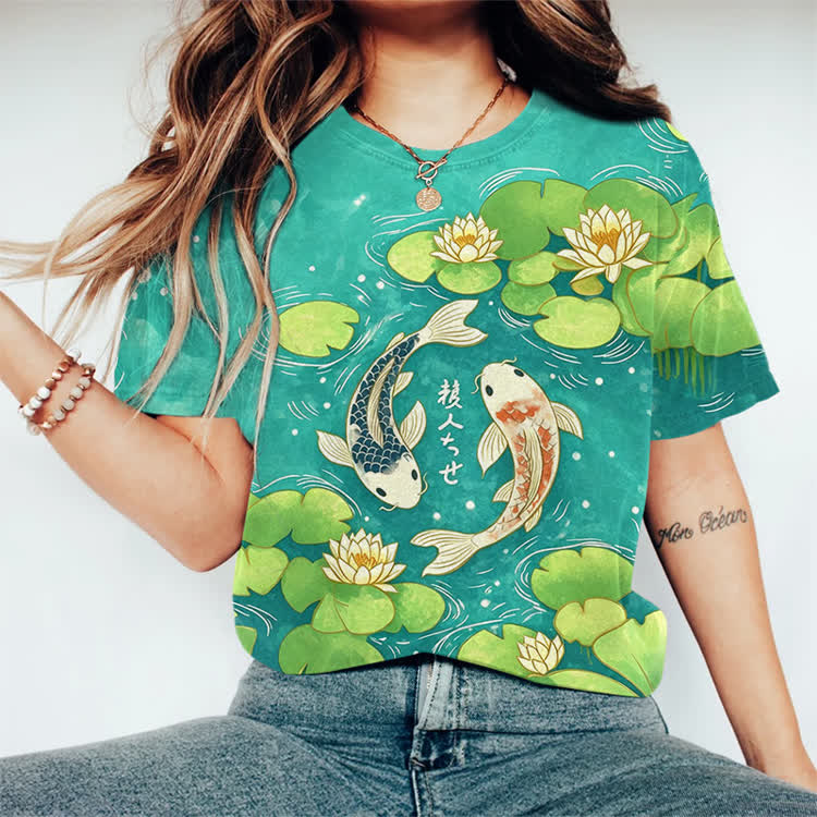 Japanese Koi In The Lotus Pond Pattern Print Round Neck T-shirt - Lake Blue - 3XL - image 4