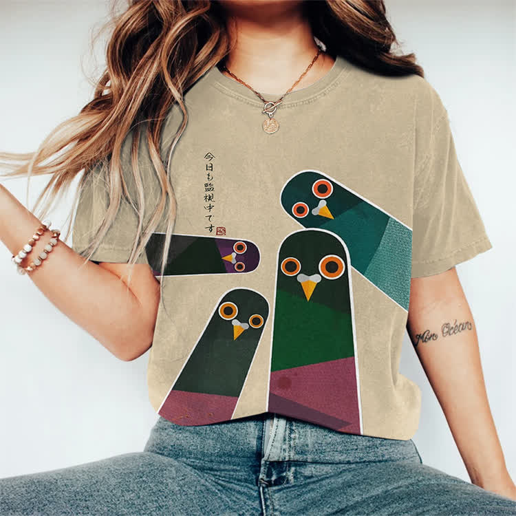 Japanese Retro Surveillance Bird Pattern Print  Round Neck T-shirt - Apricot - 3XL - image 2