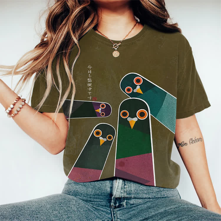 Japanese Retro Surveillance Bird Pattern Print  Round Neck T-shirt - Olive Green - 3XL - image 1