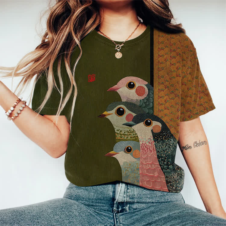  Japanese Retro Rainbow Birds Pattern Print Round Neck T-shirt - Olive Green - 3XL - image 1