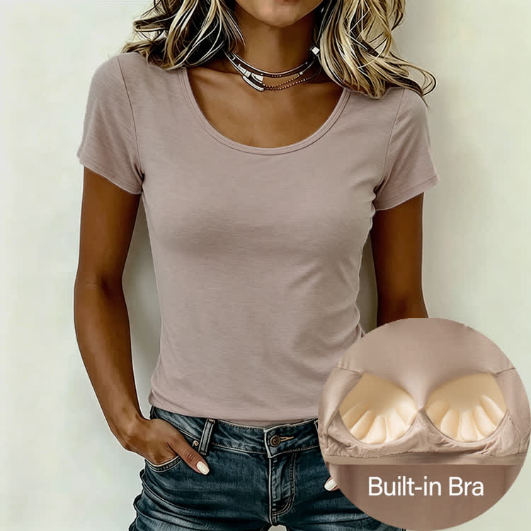 Solid Cozy Freedom Built-in Bra Short-sleeve Round-neck T-shirt - image 1