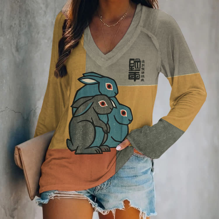 Japanese Three Rabbits Pattern Print V-neck Long Sleeve T-shirt - Khaki - US 24 (5XL) - image 1