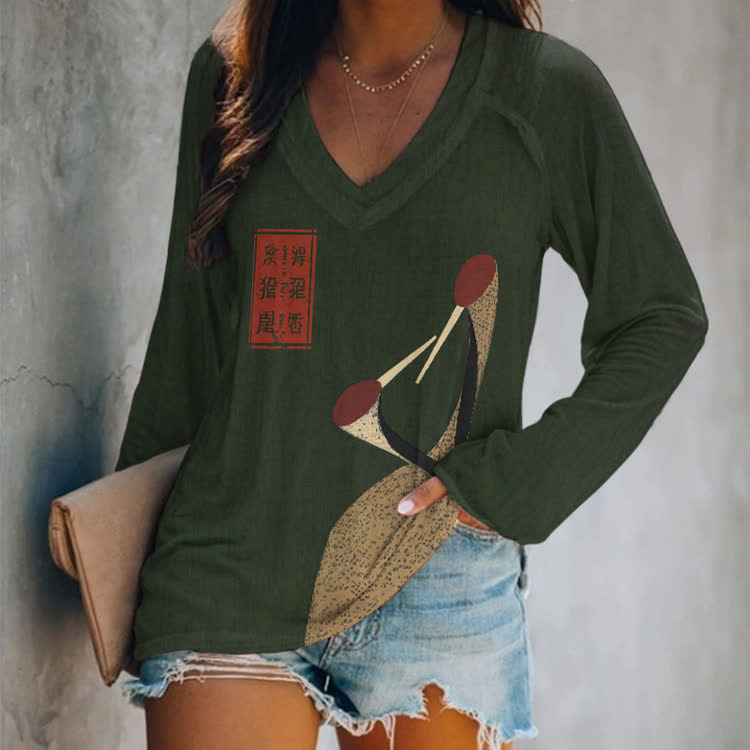 Vintage Japanese Two Red-crowned Cranes Pattern Print  V-neck Long Sleeve T-shirt - Green - US 24 (5XL) - image 1