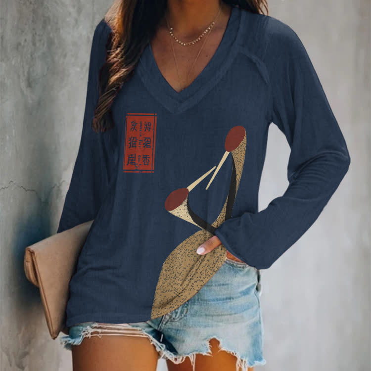 Vintage Japanese Two Red-crowned Cranes Pattern Print  V-neck Long Sleeve T-shirt - Blue - US 24 (5XL) - image 2