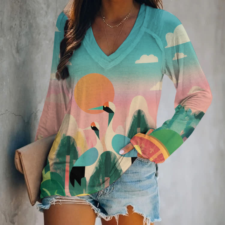 Japanese Vintage Colorful Crane Pattern Print v-neck Long Sleeve T-shirt - Lake Blue - US 24 (5XL) - image 1