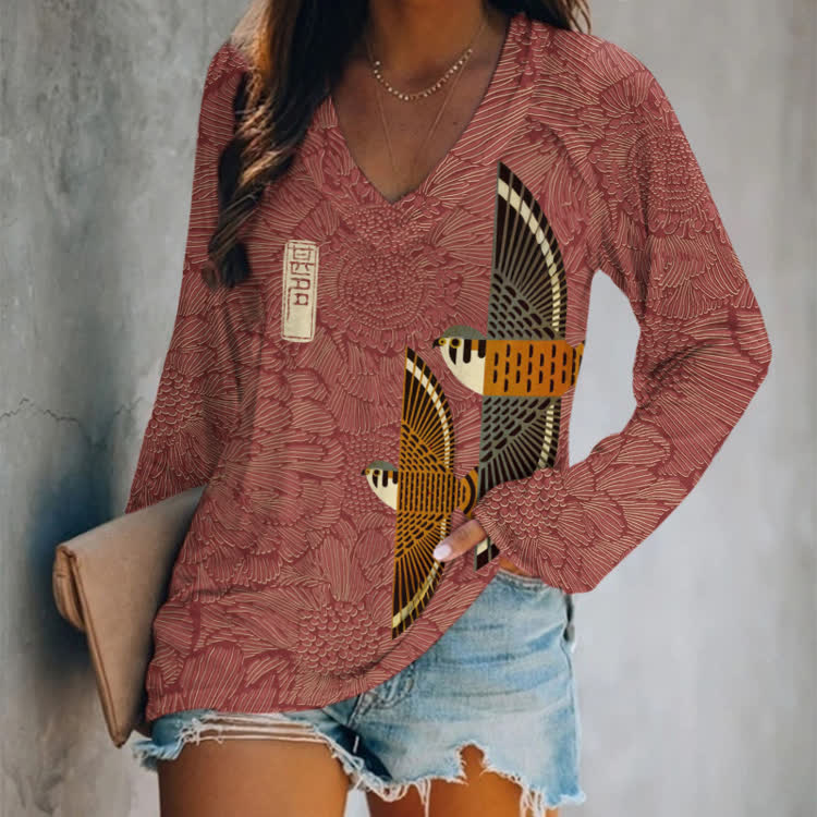 Japanese Two Soaring Eagles Pattern Print V-neck Long Sleeve T-shirt - Red - US 24 (5XL) - image 1