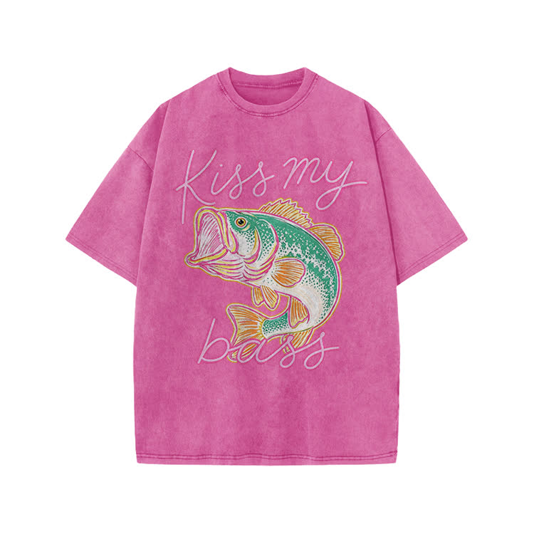 Kiss My Bass Funny Fishing Print Acid Washed T-shirt - Pink - US20-22(3XL) - image 1