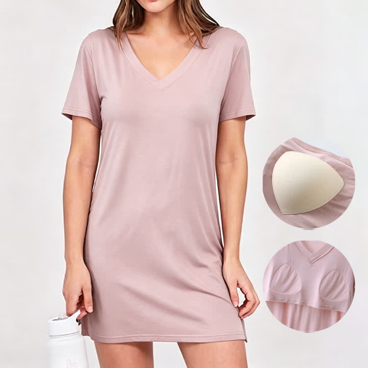 Solid Loose  Freedom Built-in Bra Short-sleeve V-neck Long T-shirt - image 2